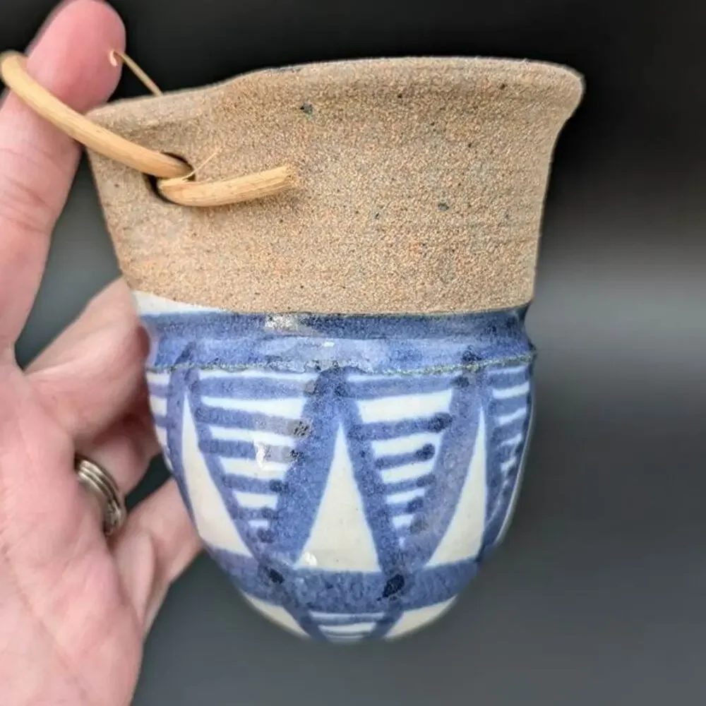 Pottery Hanging Vase Stoneware Blue White Tan Wheel Thrown Geometric Beachy Boho